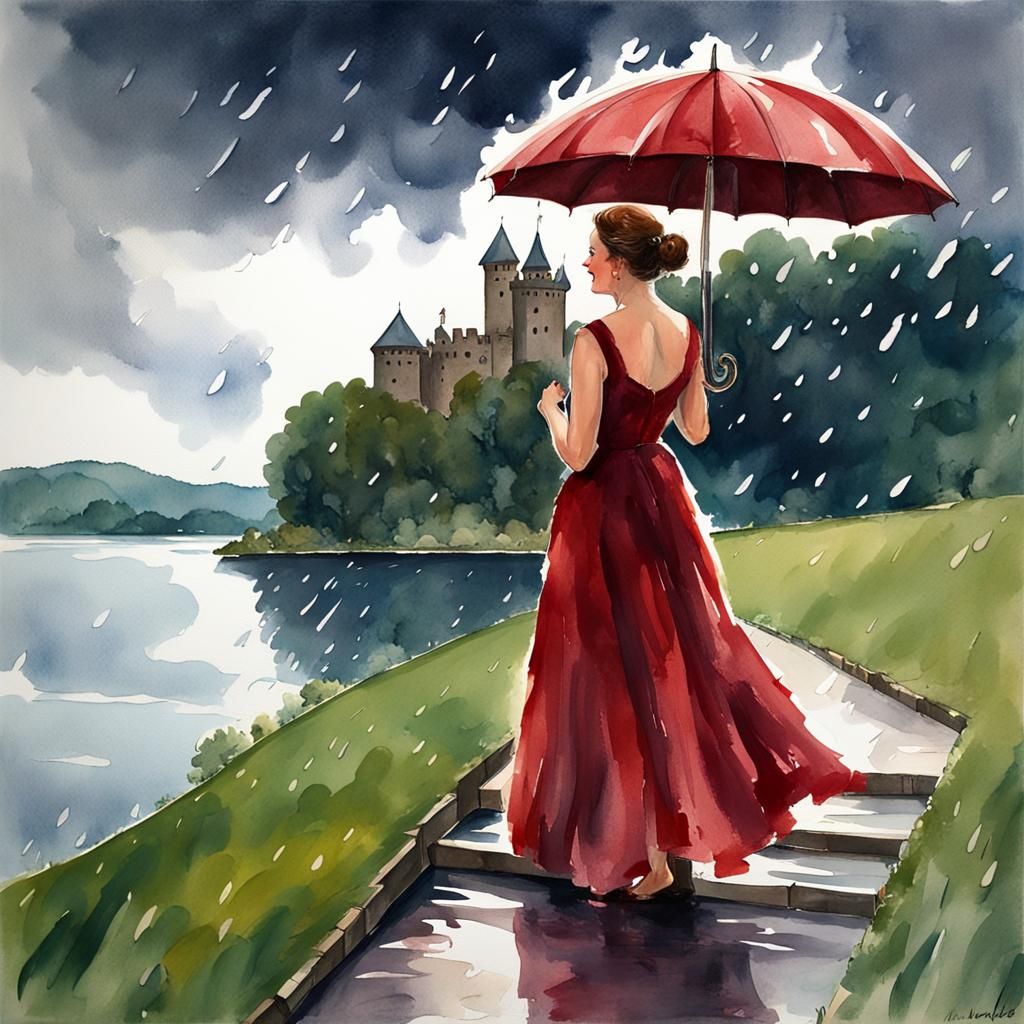 Lady in Red Laughing in Rain, Gouache Watercolor
