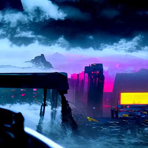 Cyberpunk Cliffs Shelter Against Raging Neon Sea