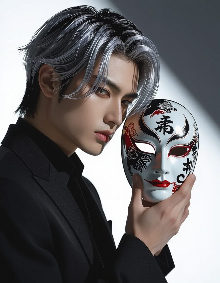 Man in Suit Holds Kabuki Mask, Miyavi Style