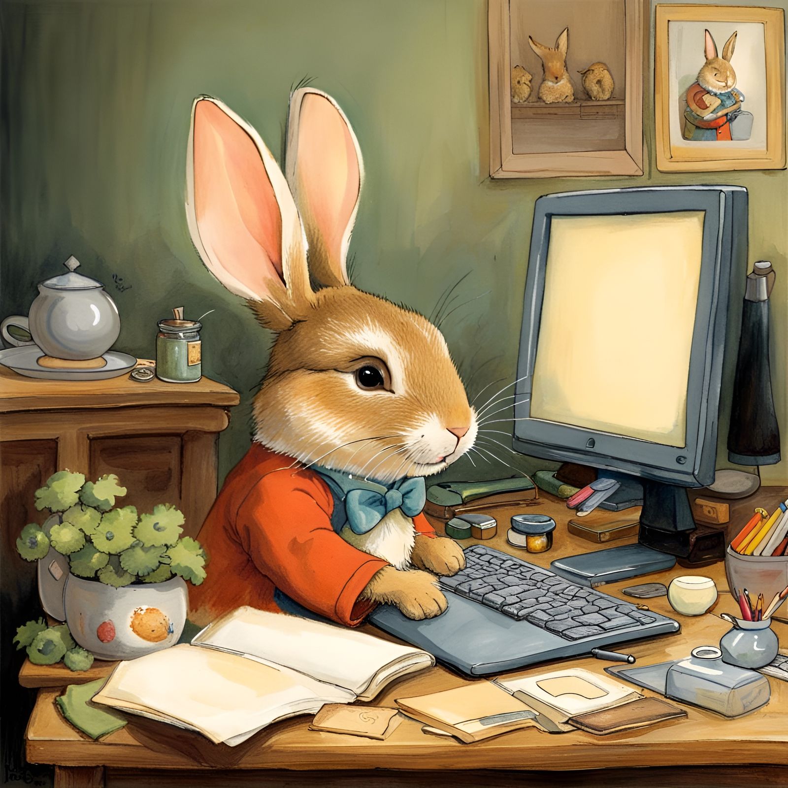 Whimsical Bunny at Computer in Children's Book Style