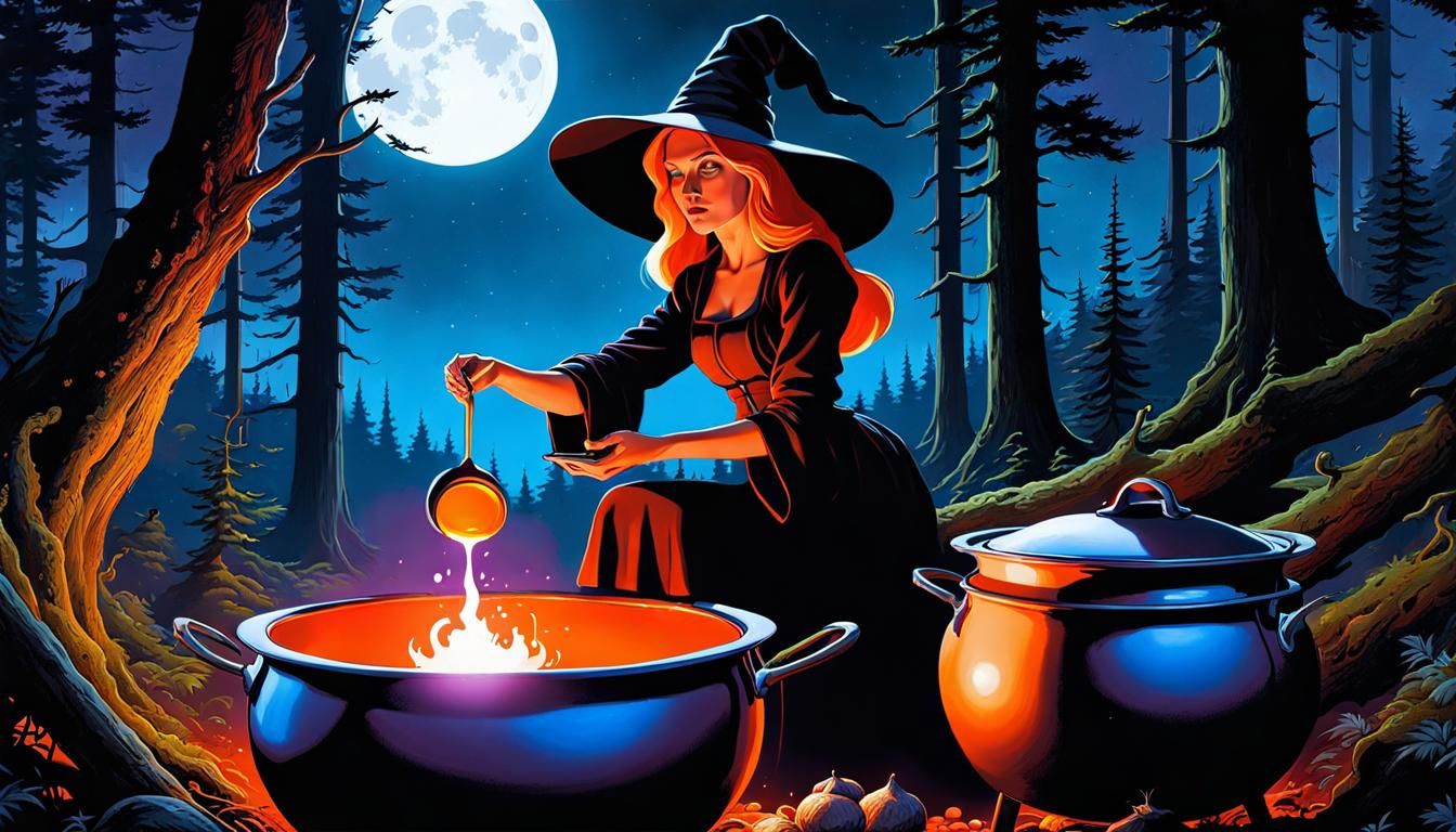 Witch's Potion in Dark Woods: Digital Painting