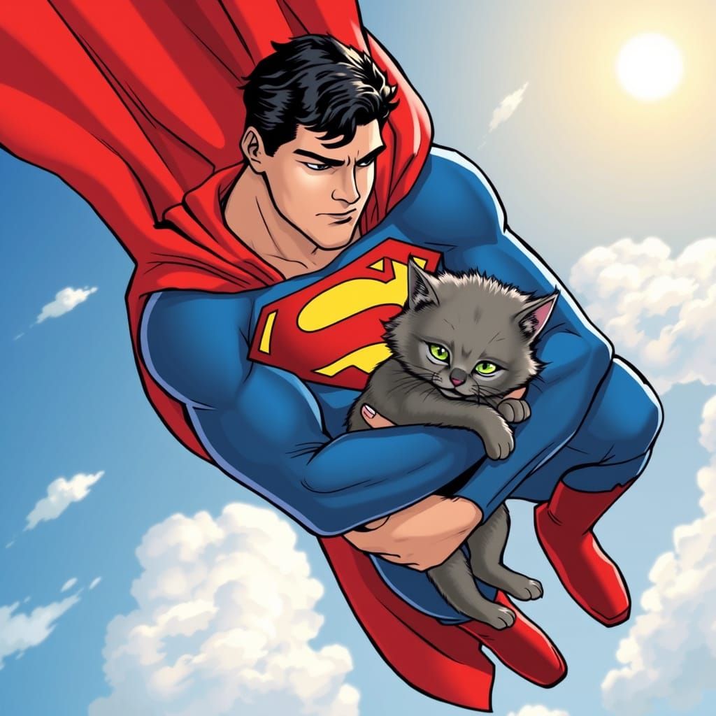 Superman Cradles a Kitten in Classic Comic Book Style