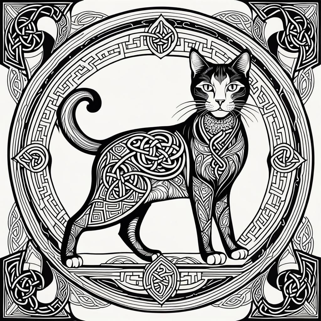 Celtic Knotwork Halloween Cat in Art Nouveau Style