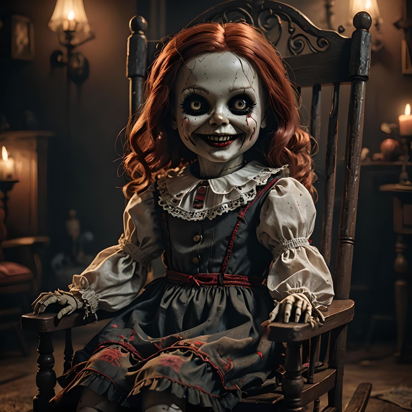 Creepy Smiling Doll in Horror Movie Style