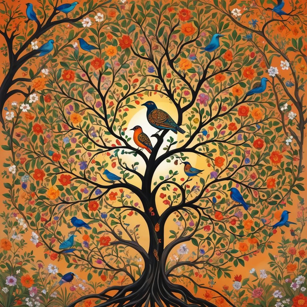 Rajasthani Motif: Blossoming Tree in Hyperrealistic Style