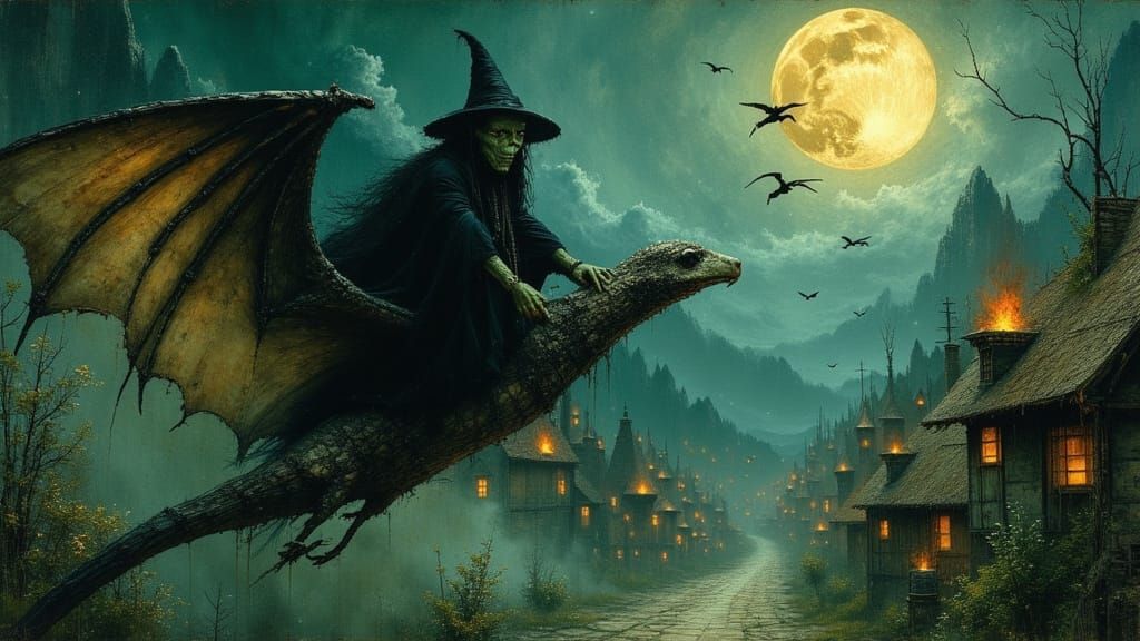 Baroque Witch Soaring on Bat-like Creature