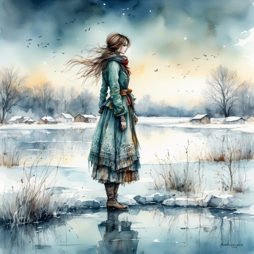 Frozen Lake: Lone Figure Under Winter Sky