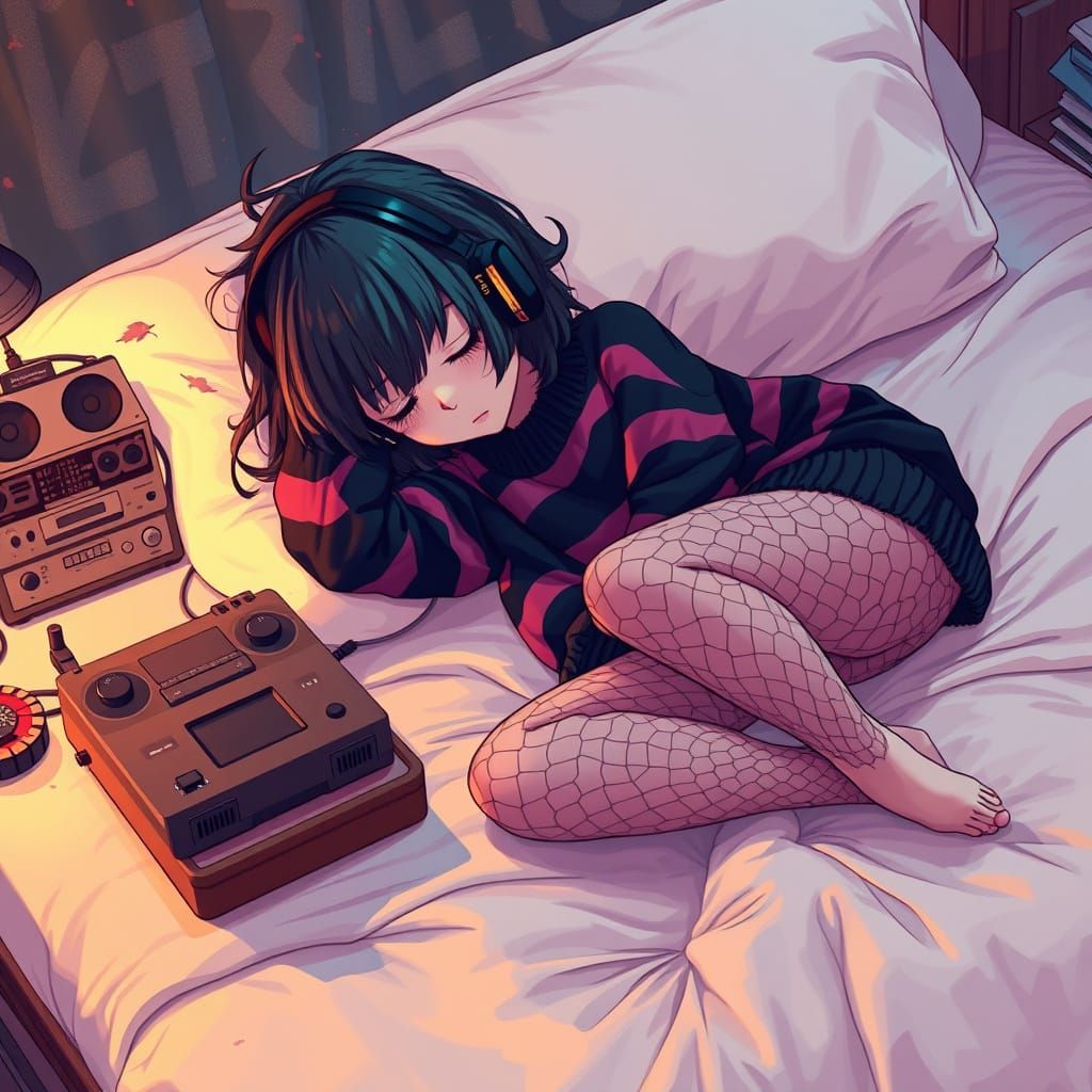 Vibrant Emo Girl Slumbers in Cozy Autumn Night Scene