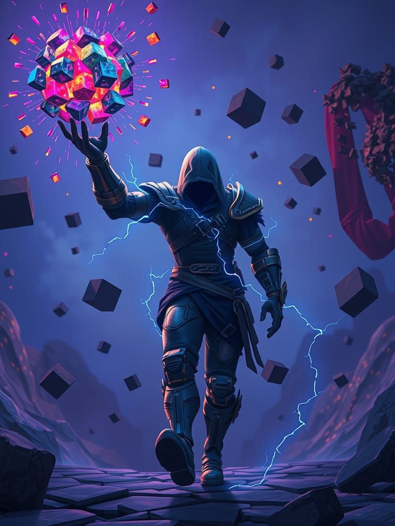 Cyberpunk Warrior with Glitching Energy Ball