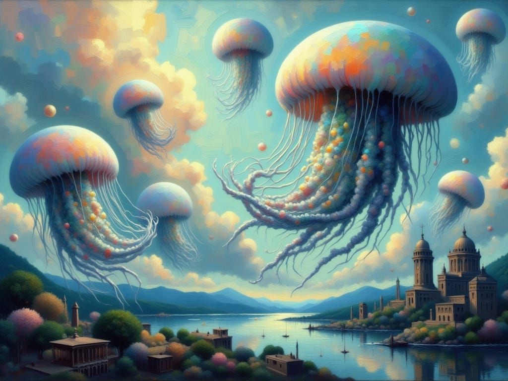 Ethereal Jellyfish Over Submerged City in Watercolor Style