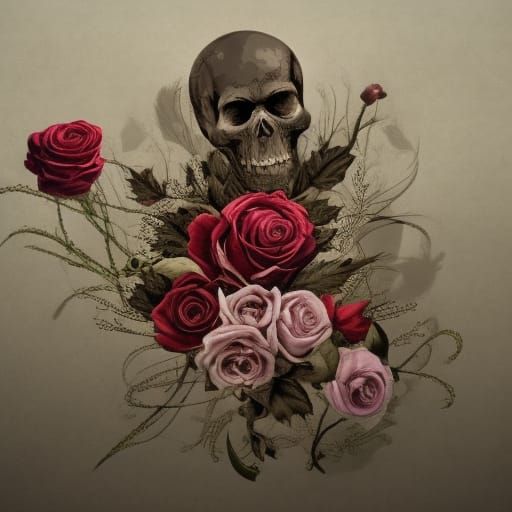 Hyperdetailed Mech Skull and Roses in Sci-Fi Style