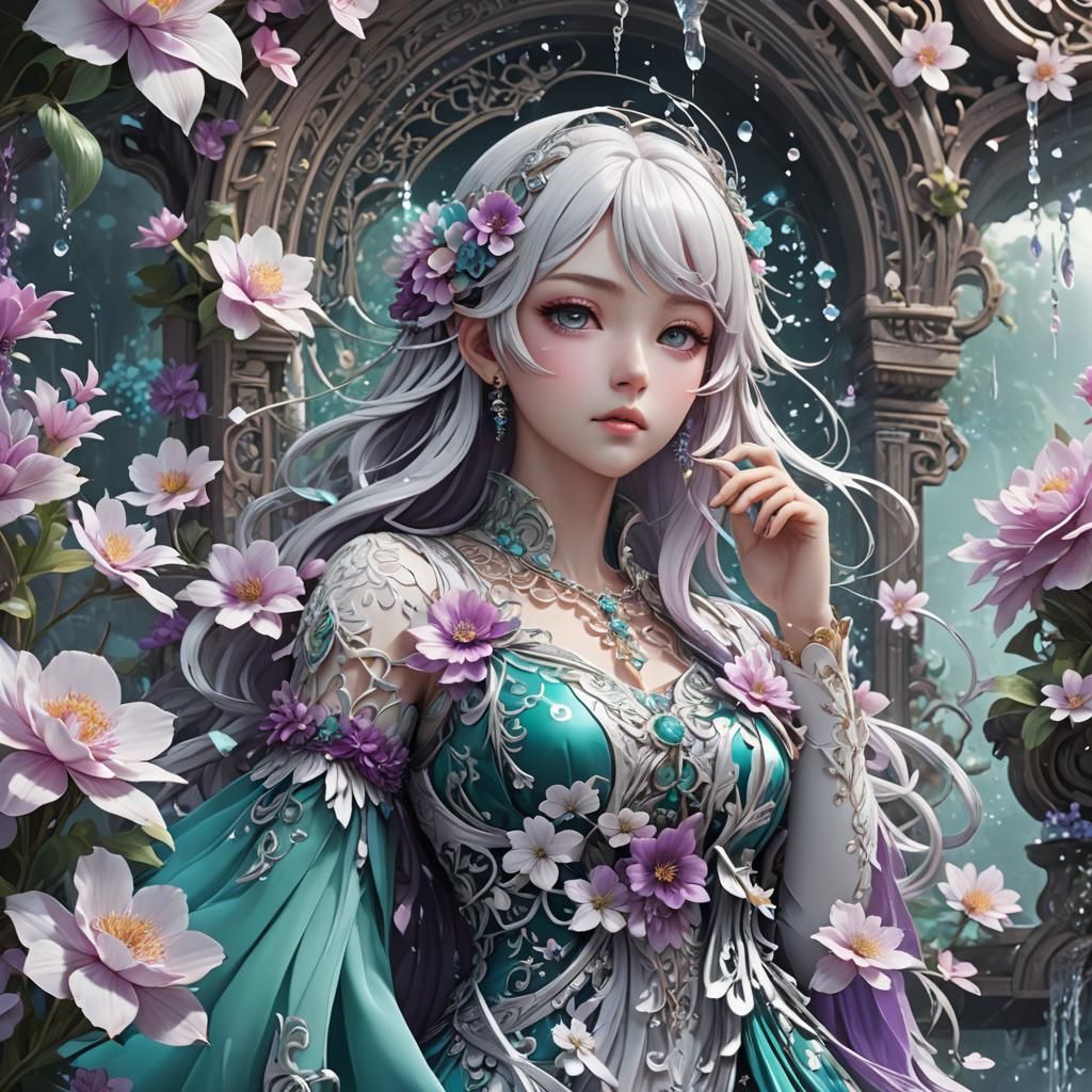 Floral Filigree Waterfall in Anime Style