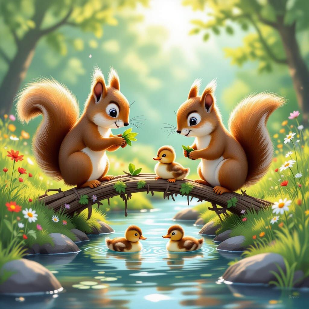 Whimsical Squirrels Build Bridge for Ducklings in Meadow