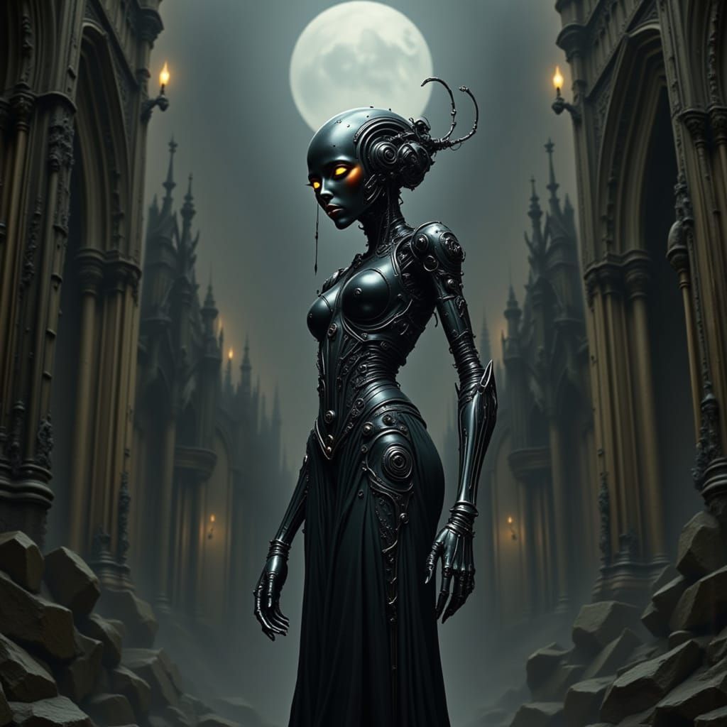 Surreal Gothic Android Contemplates Dark Future