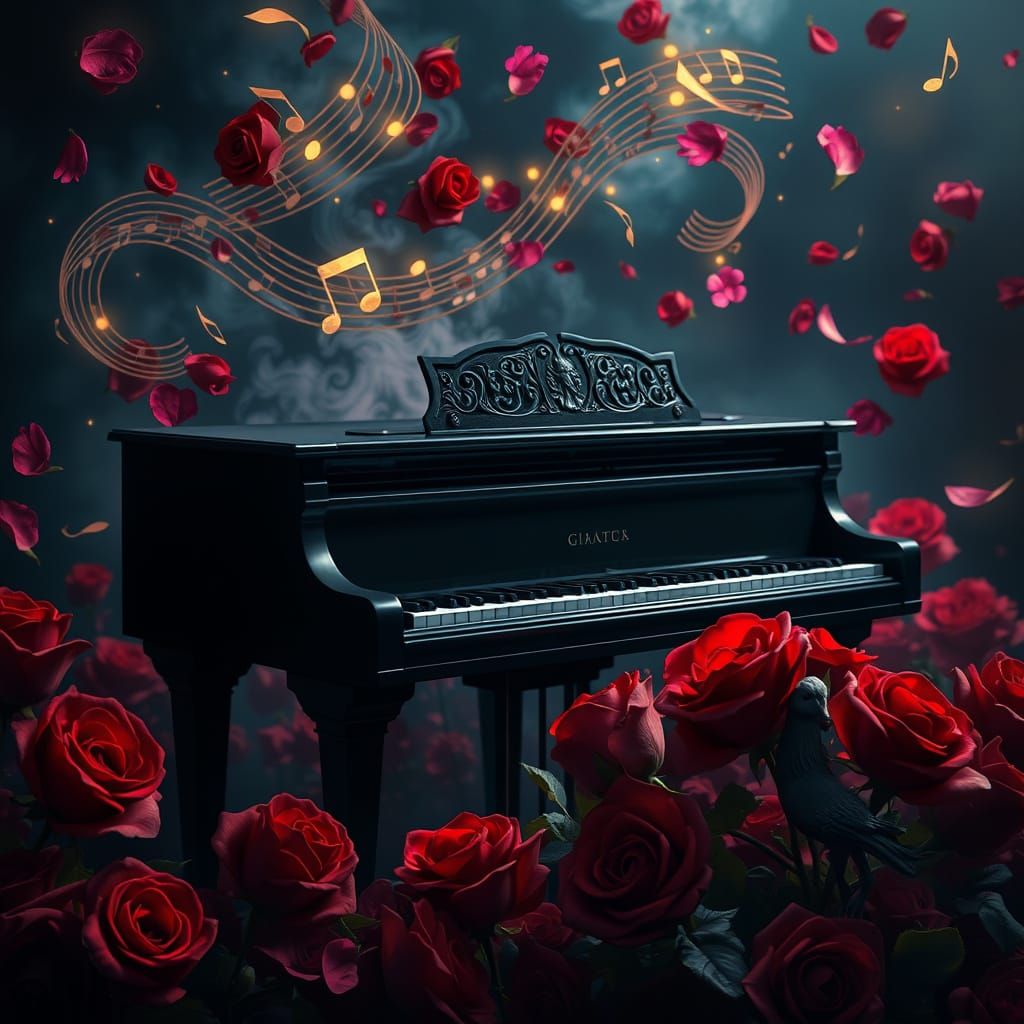 Majestic Black Piano Amidst Whirling Music Notes and Velvet ...