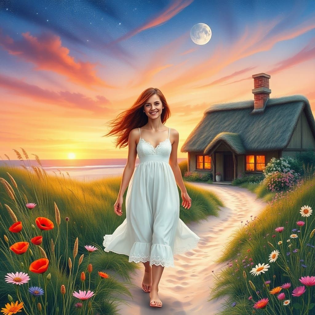 Idyllic Sunrise Landscape with Woman in Sundress