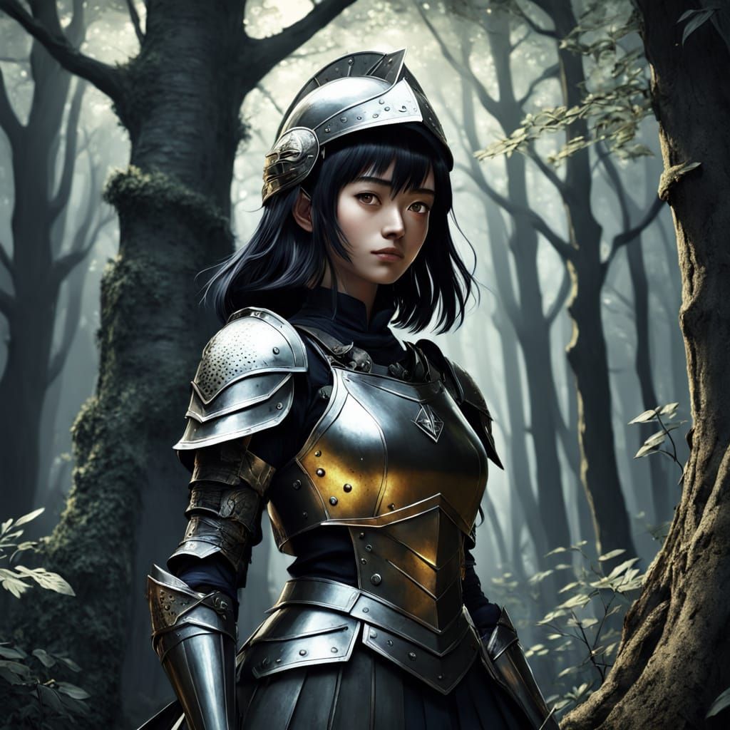 Anime Warrior Girl Faces Dark Forest Shadow
