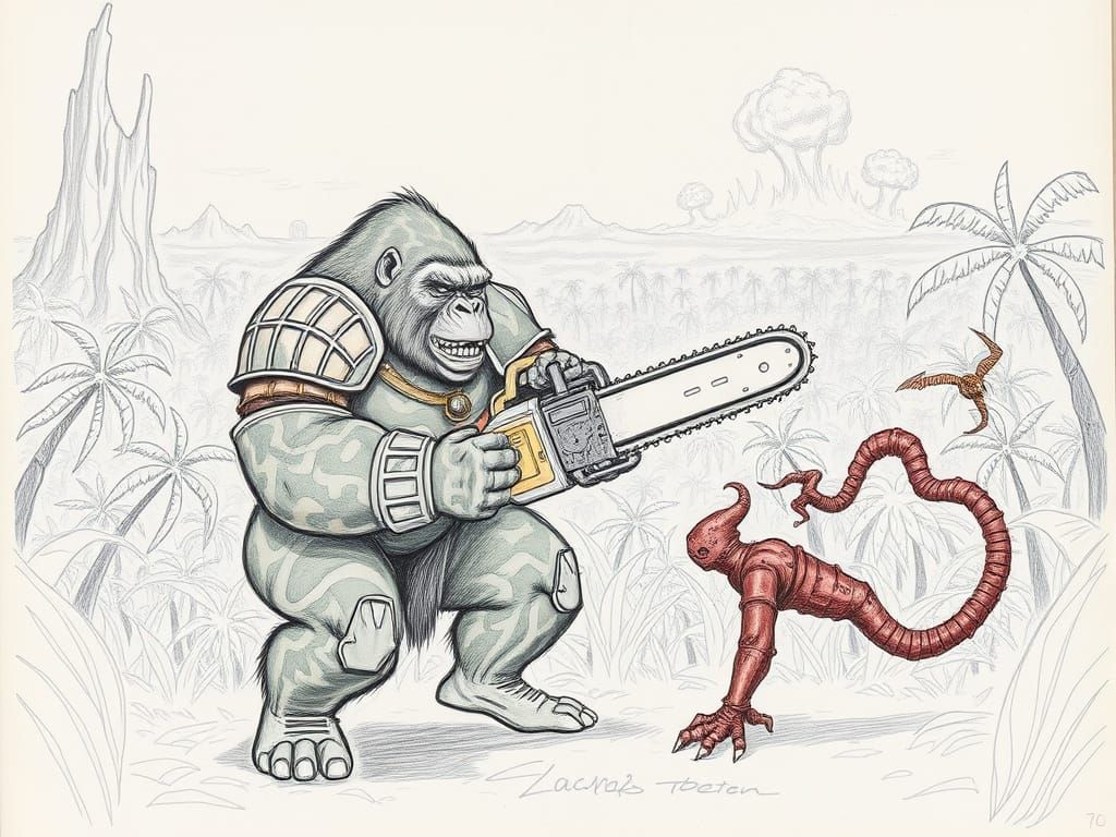 Power-Armored Gorilla Wrestles Biomechanical Naga