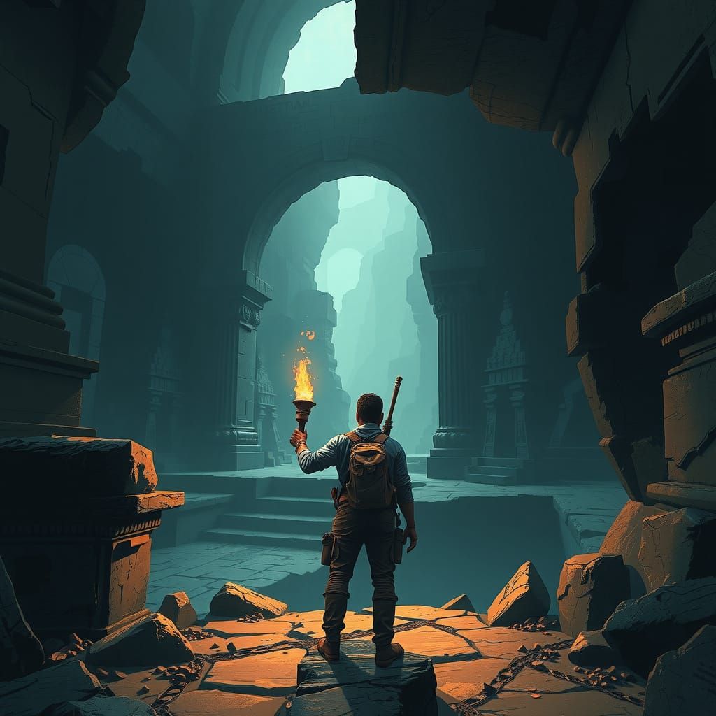 Explorer at Edge of Forgotten Temple with Torch