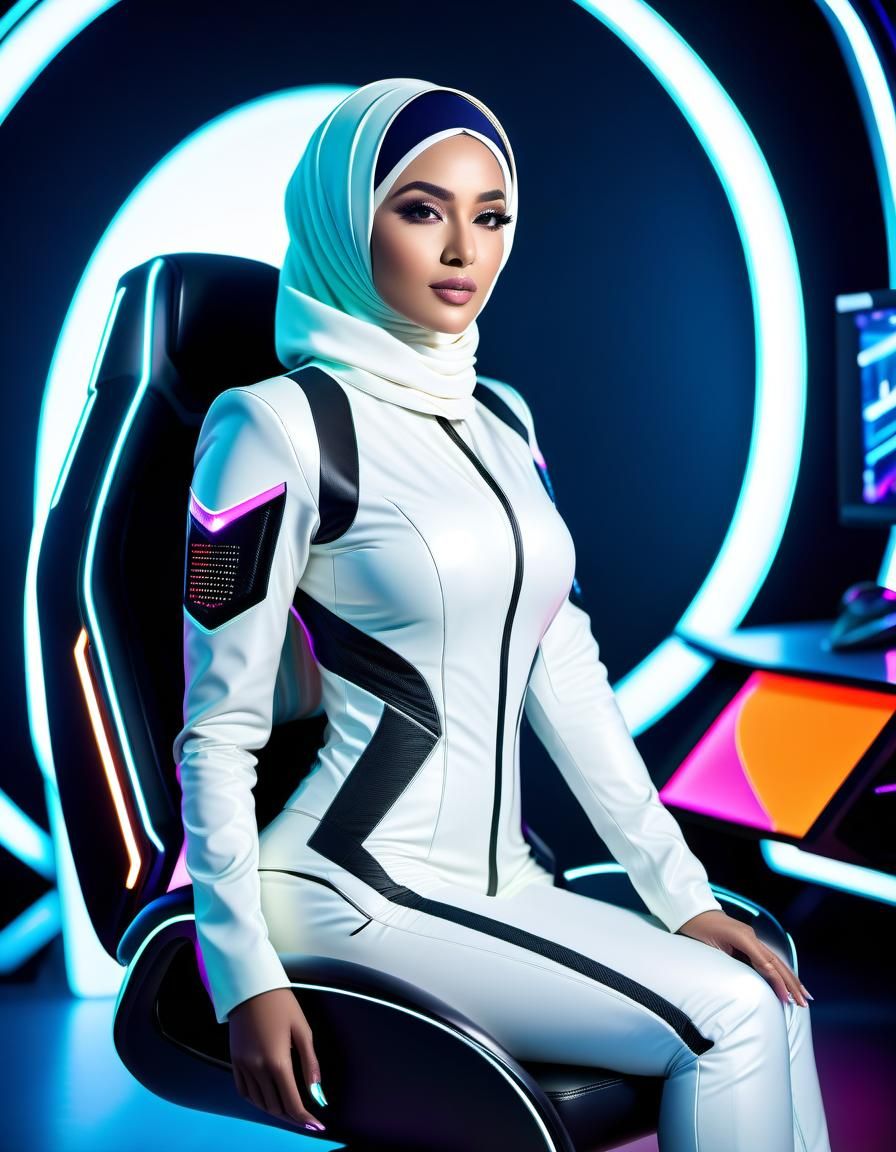 Futuristic Gamer in Neon Suit with Gaming PC