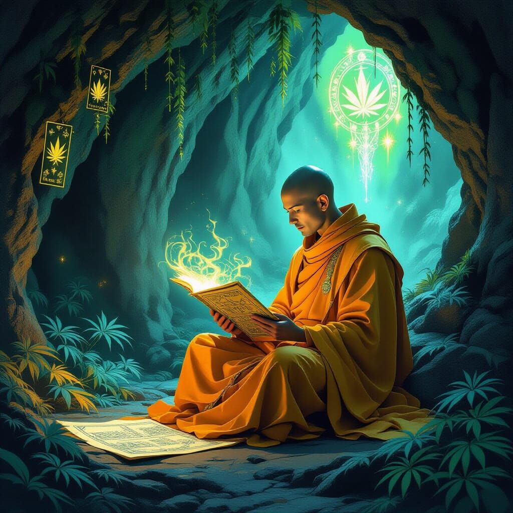 Monk Reads Scroll in Bioluminescent Cave, Ethereal Ink Art