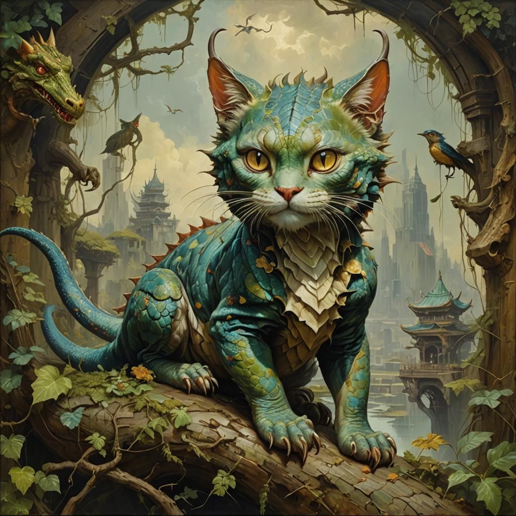 Dragon Cat Hybrid, Oil on Canvas Art