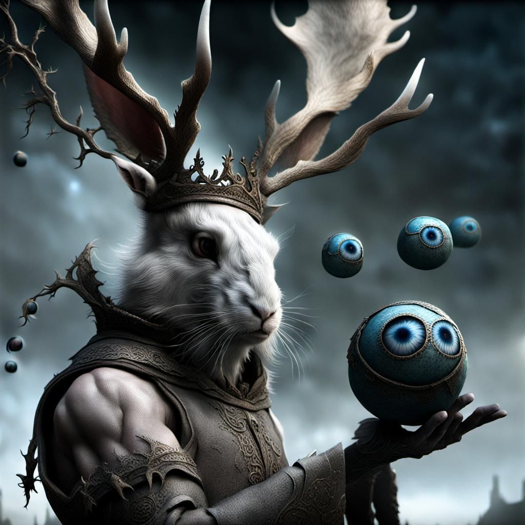 Enchanting Jackalope Juggling Orbs in Medieval Manor