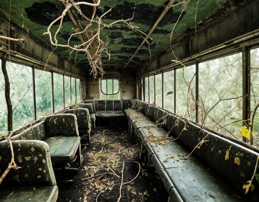 Abandoned School Bus Interior in Hyperrealism Style