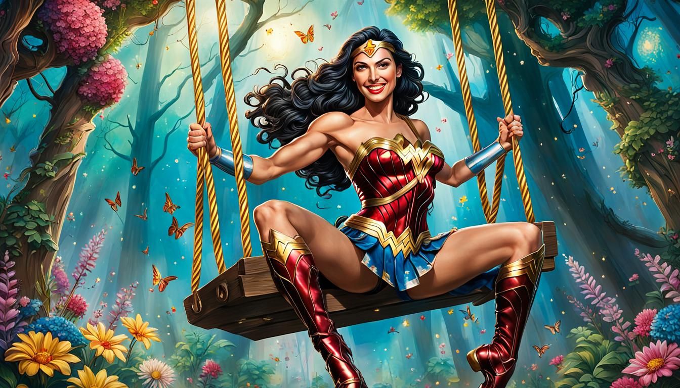 Wonder Woman Relaxing on Flower Swing: Hyperrealistic Art