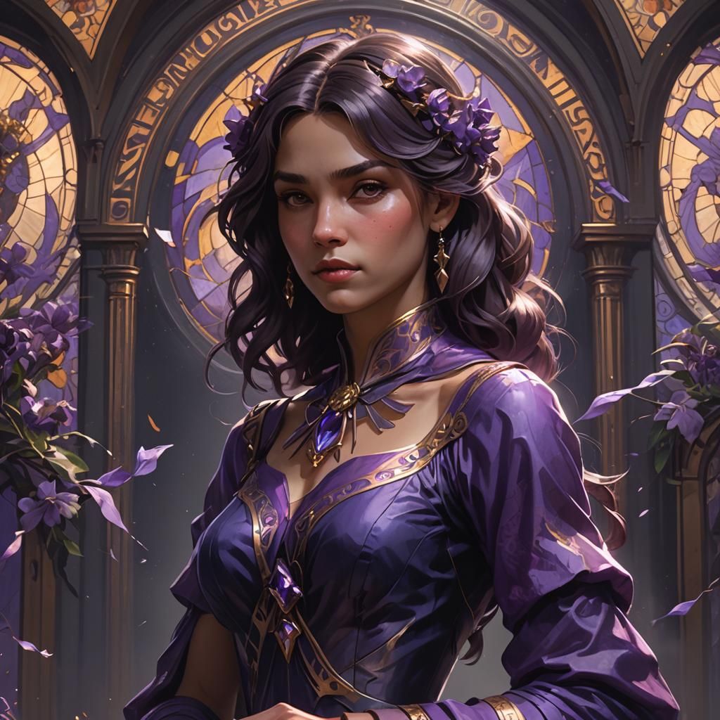 Mystical Woman in Violet Dress, Dark Academia Style