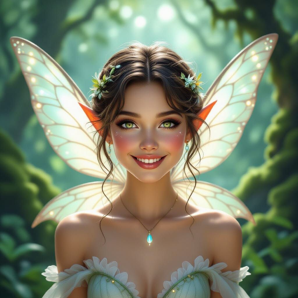 Ethereal Fairy With Bioluminescent Teeth in Enchanted Forest