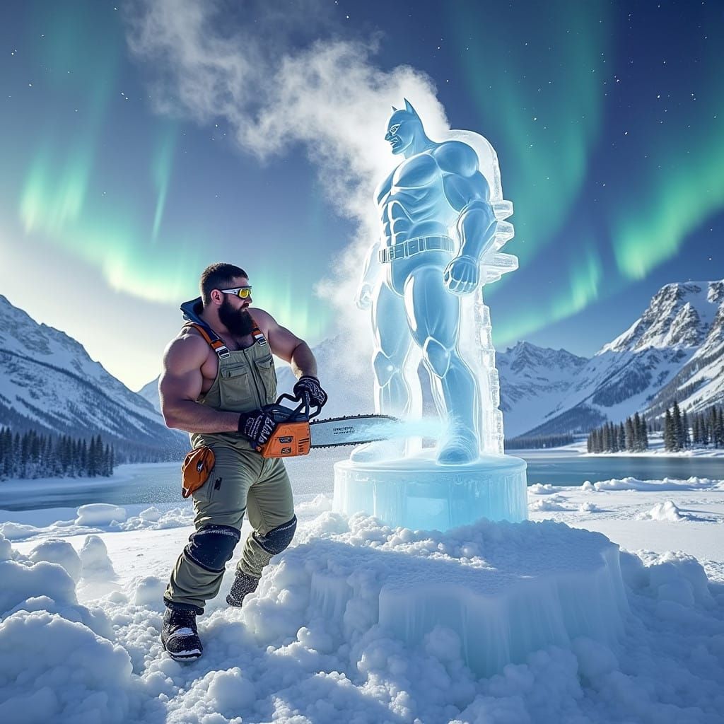 Chainsaw Ice Sculptor Carves Batman Under Aurora Borealis