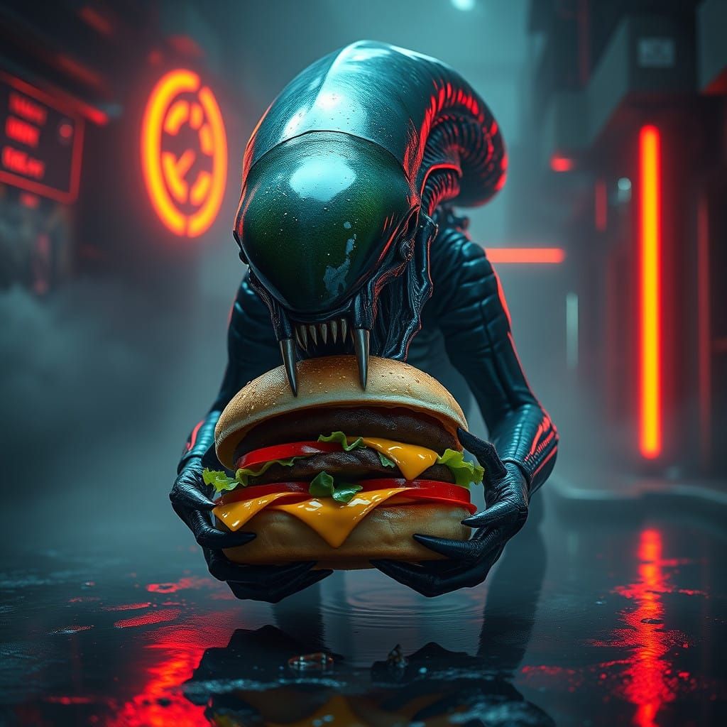 Xenomorph Devours Burger in Mystical, Neon-Lit Realm
