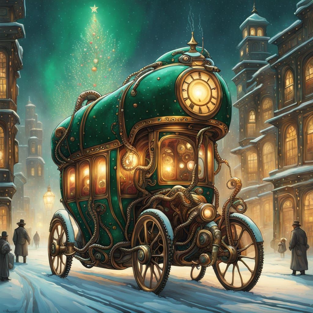 Steampunk City Bus in Vibrant Biomechanical Style