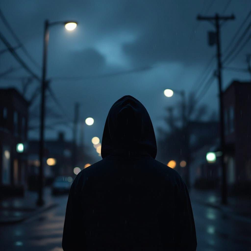 Moody Night Street Scene: Man Gazing at Gloomy Sky
