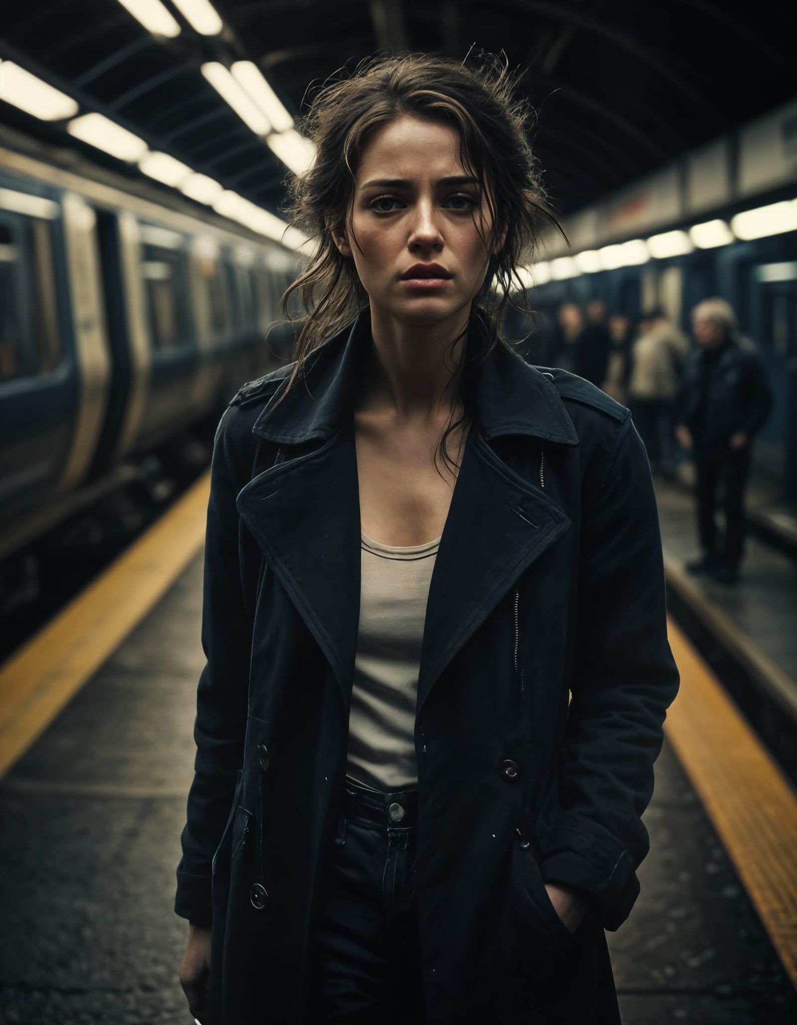Surreal Woman Lost in Thoughts on a Dark Train Station Platf...