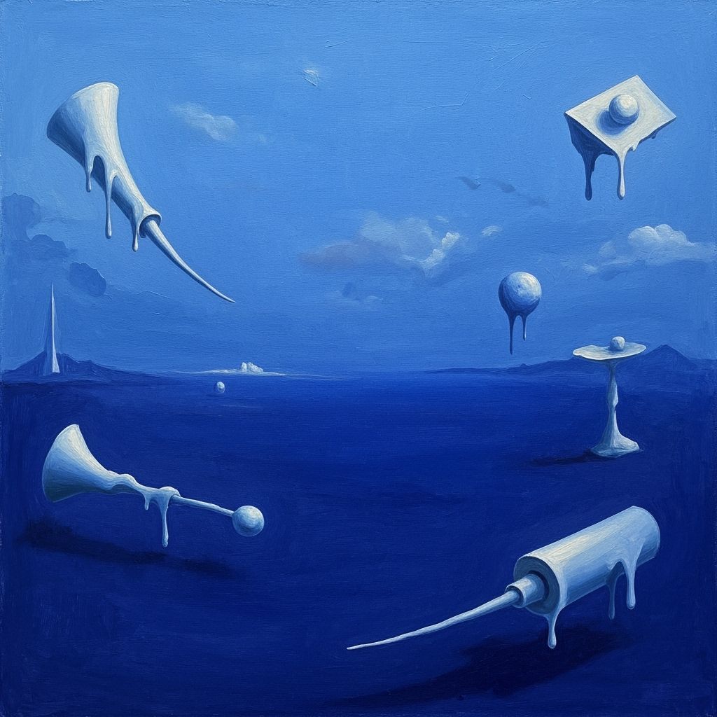 Surreal Blue Dreamscape with Floating Objects