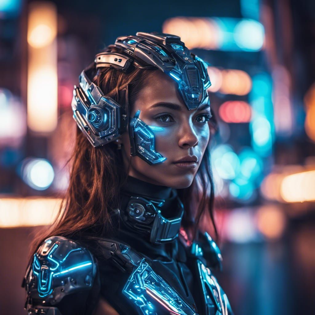 Cyborg Girl Portrait in a Neon Cityscape