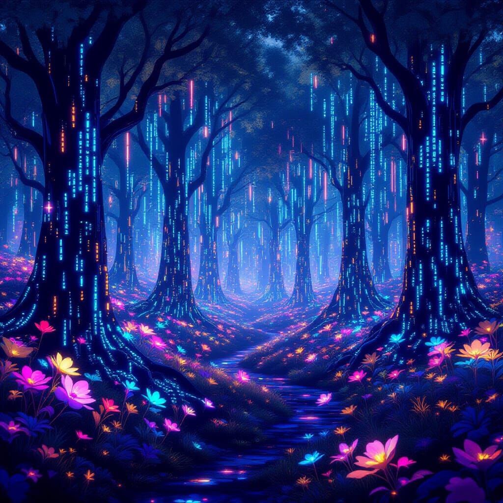 Bioluminescent Code Forest at Twilight