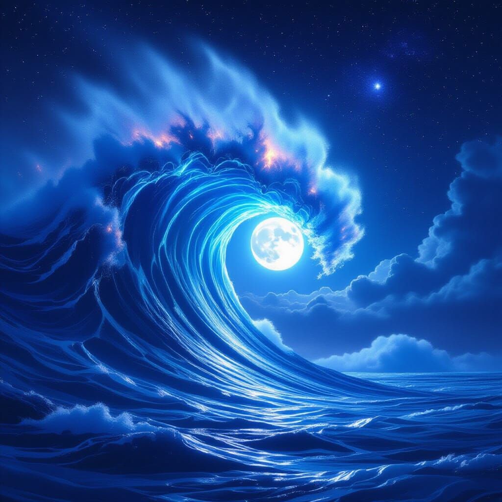 Ethereal Tsunami Wave Under Cosmic Night Sky