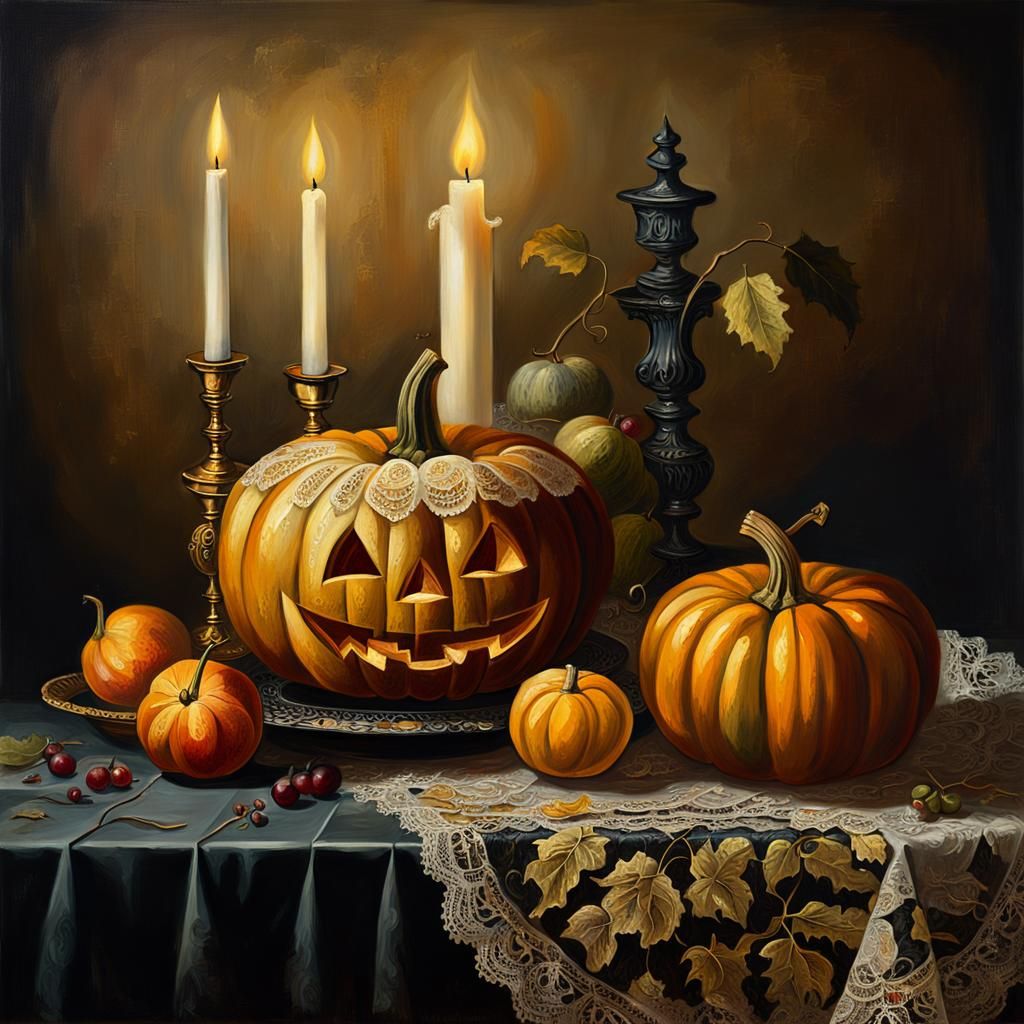 Vintage Halloween Pumpkin Still Life Oil Painting