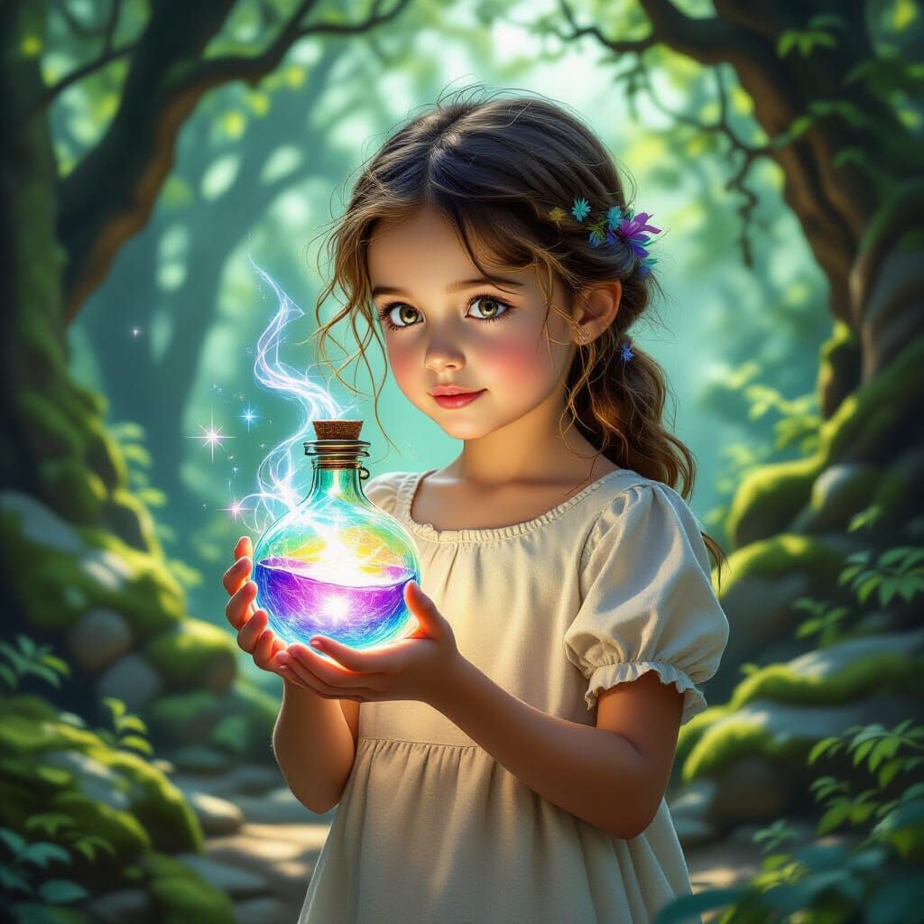 Girl Holds Glowing Potion in Sunlit Forest