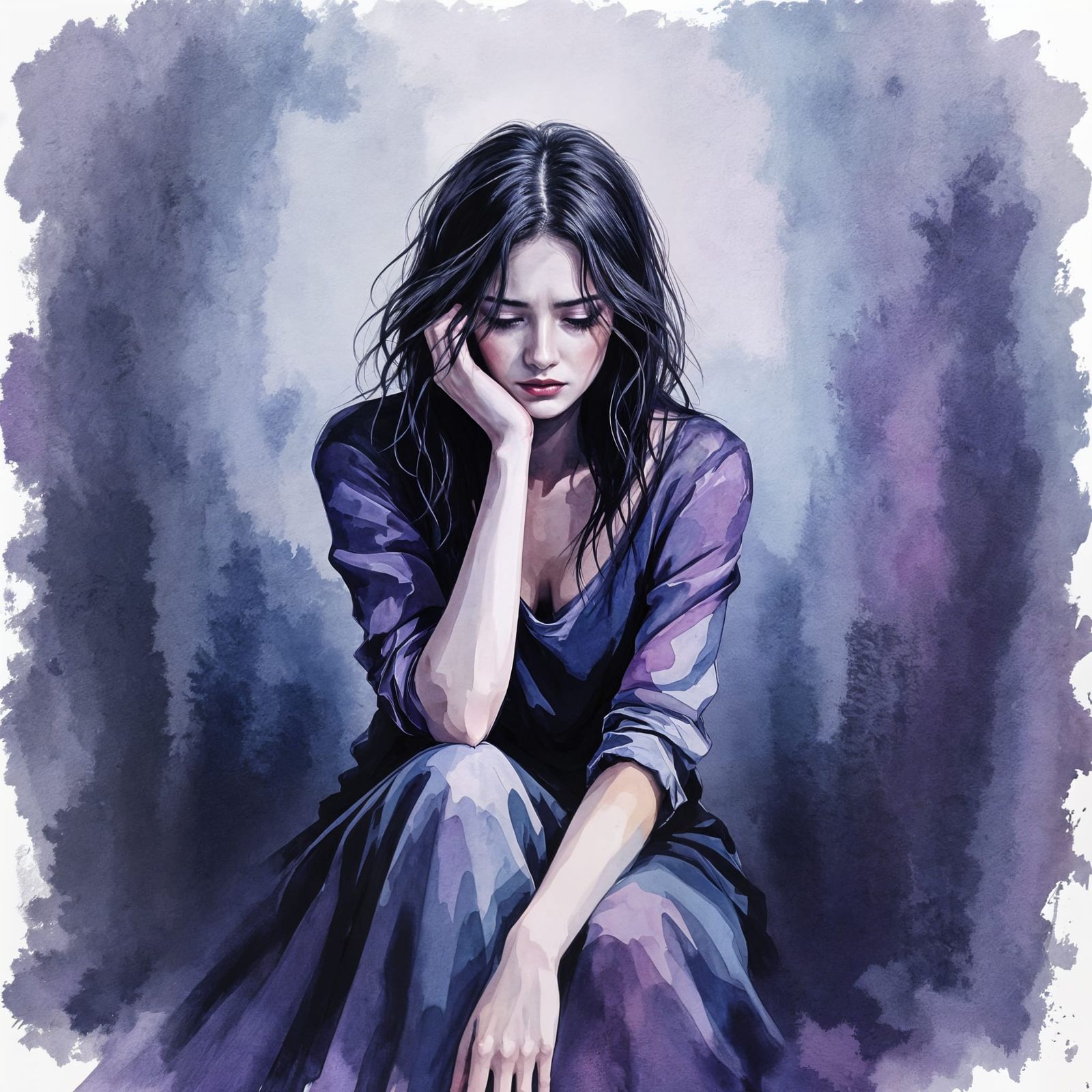 Melancholy Figure in Rough Watercolor Painting