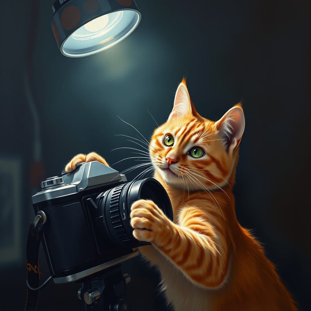 Ginger Cat Plays with Vintage Camera in Spotlight