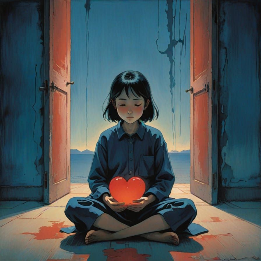 Girl Longingly Holds Glowing Heart with Memories of Lost Lov...