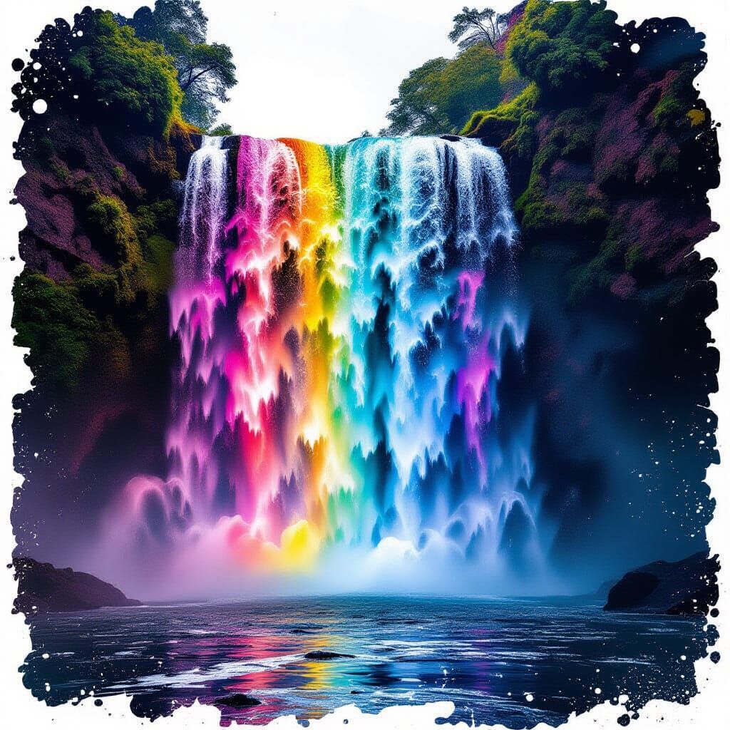 Majestic Waterfall with Rainbow Garland in Ink Splatter Art