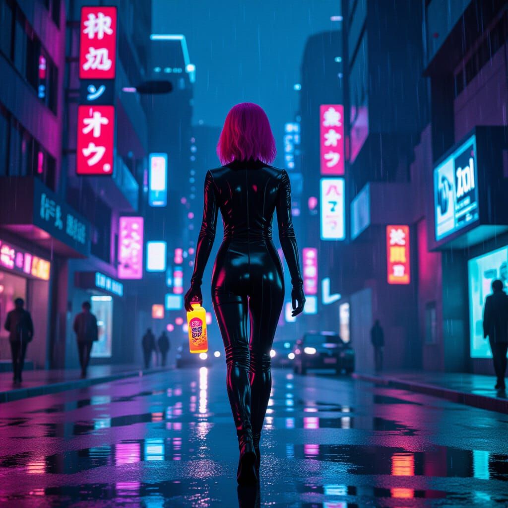 Cyberpunk Figure in Rainy Futuristic Cityscape
