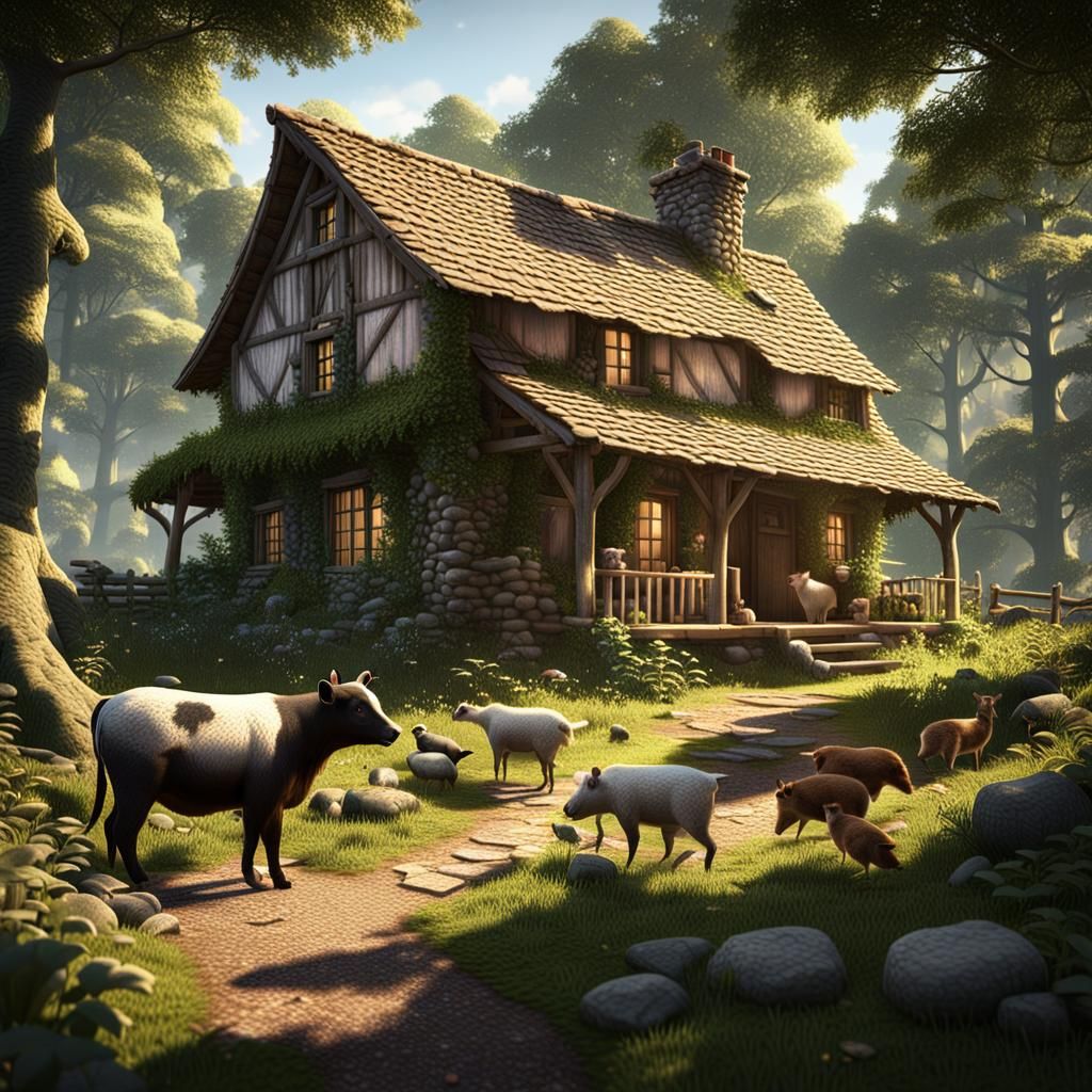 Sunlit Forest Cottage with Farm Animals