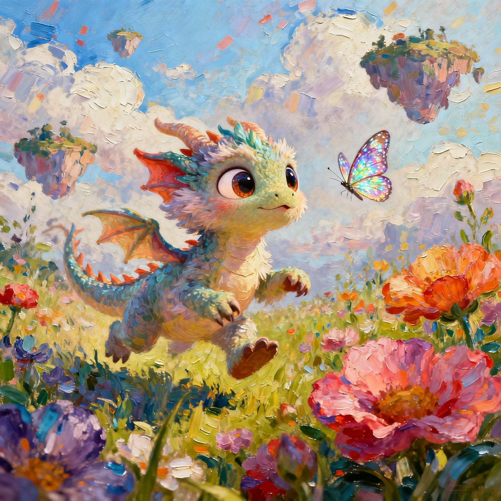 Fluffy Dragon Hatchling Chasing Butterfly in Fantasy Garden
