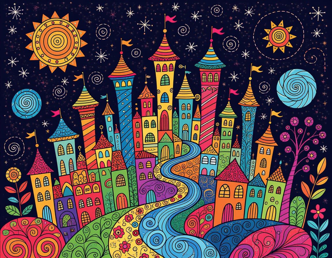 Colorful Fantasy Town in Doodle Art Style